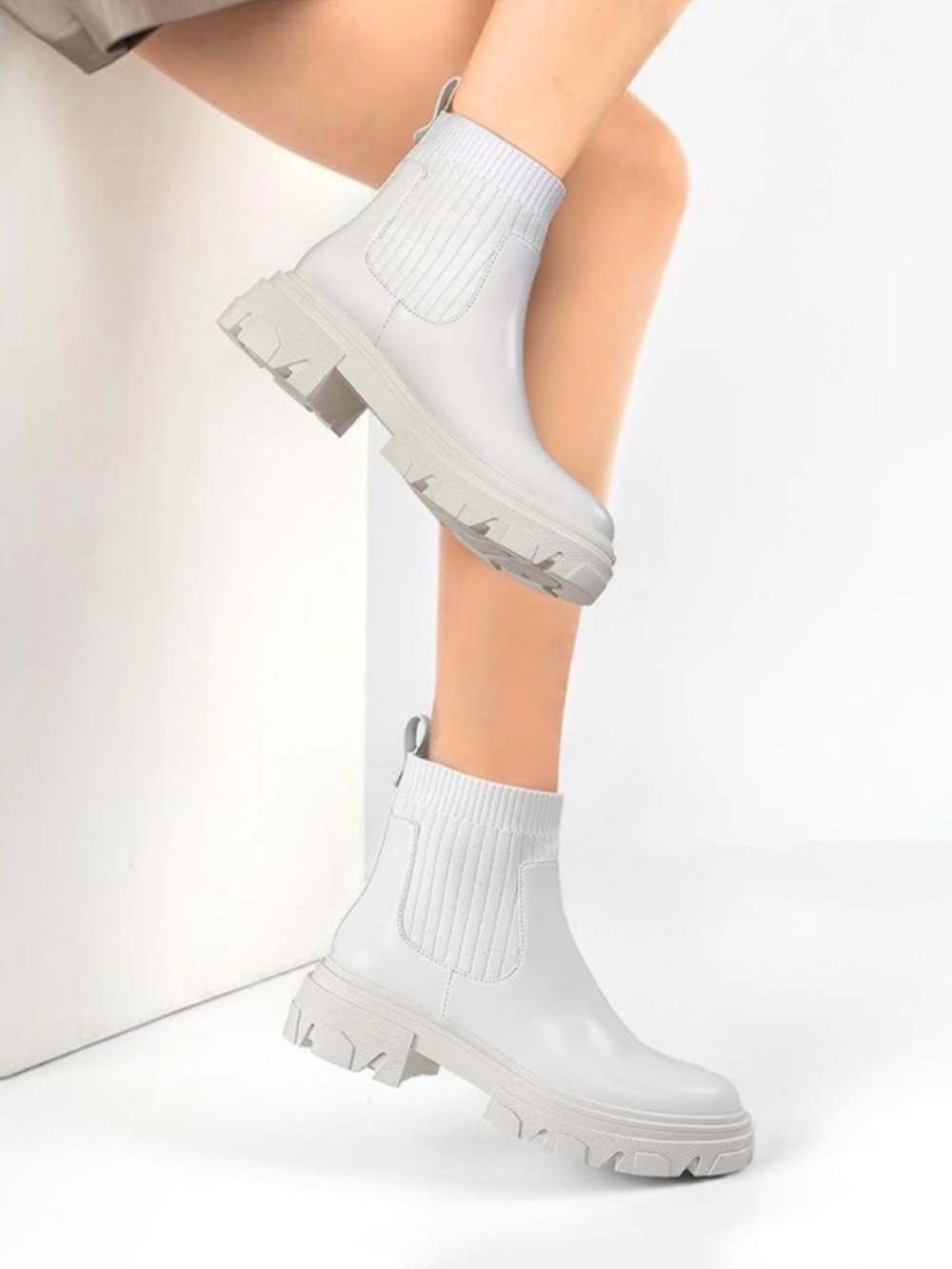 White Chelsea Lug Sole Ankle Boots